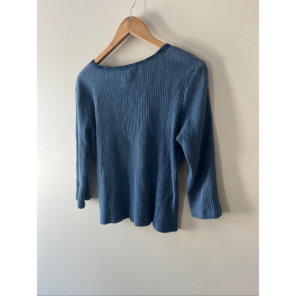 Lauren Ralph Lauren Blue Waffle Knit y2k 100% Cotton blouse L Lace Trim coquette - Picture 6 of 8